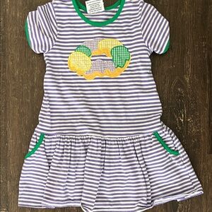 Jellybean Striped Purple & White Mardi Gras Dress with King Cake Applique